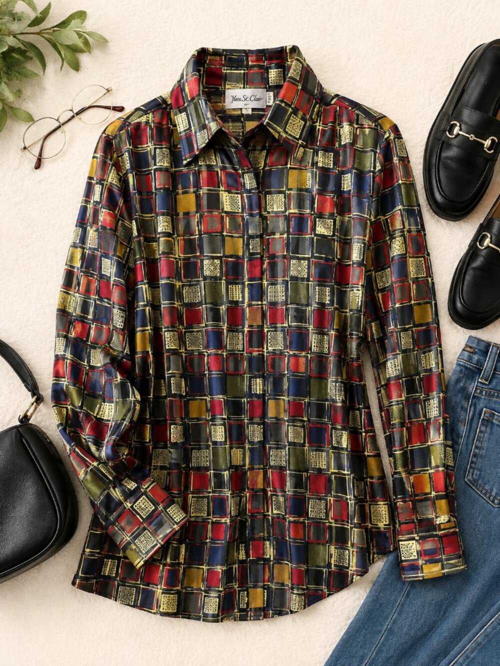 Vintage Yves St. Clair Geometric Abstract Button Up Blouse Size 12 Made Korea